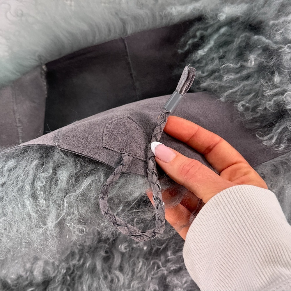 Curly Mongolian Lamb Fur Suede Tie Front Vest Blue Gray M - Picture 8 of 11